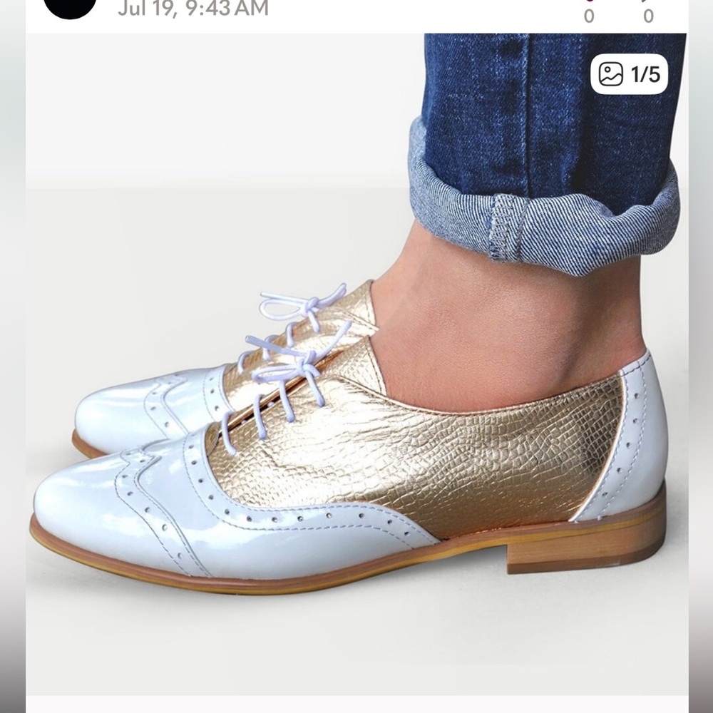 White leather and gold croc Julia Bo oxfords